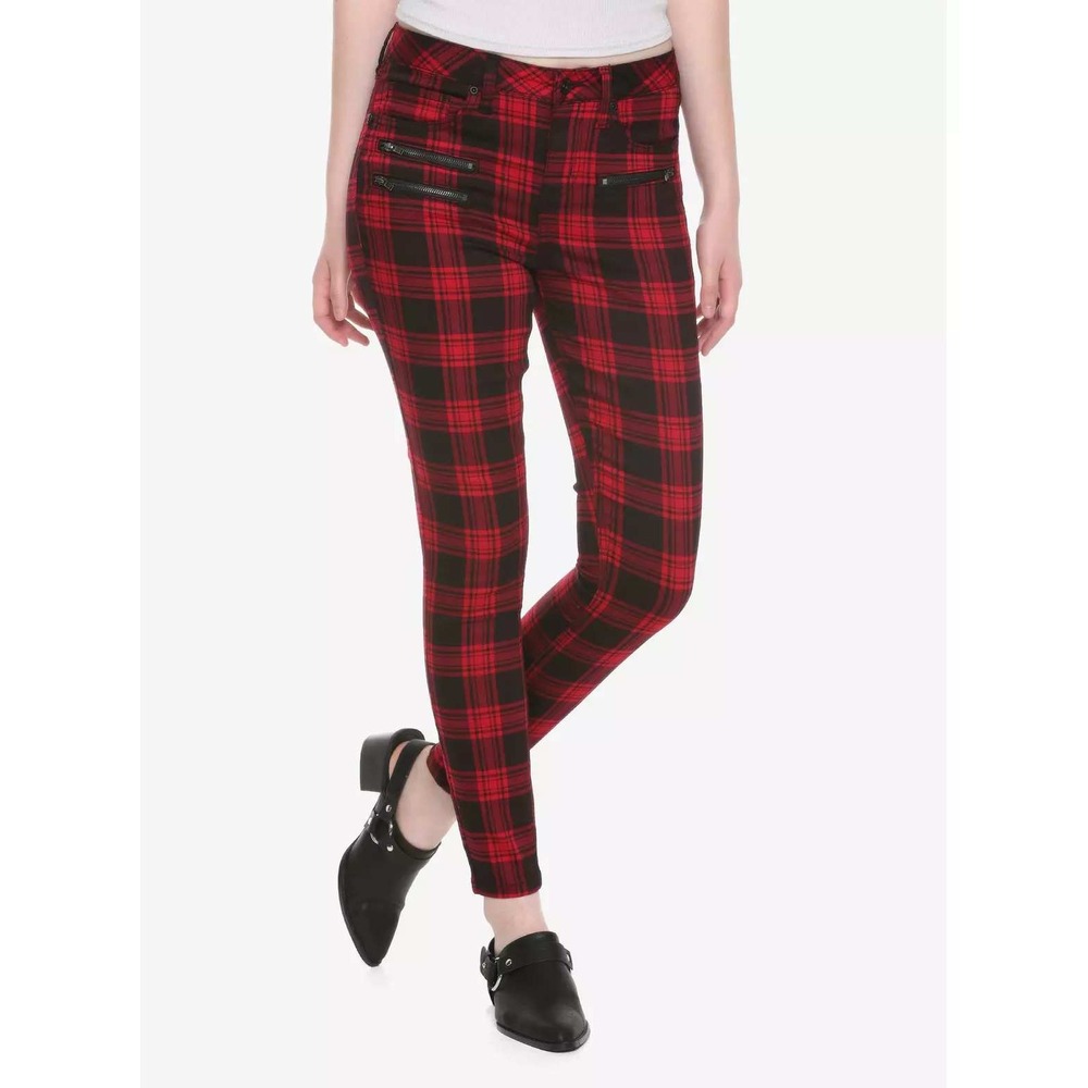 Hot Topic Denim Women's Red Plaid Printed Hi-Rise Super Skinny Slim Jeans Sz 17